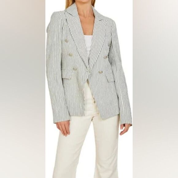 Dolce Cabo White and Blue Pinstripe Blazer with Structured Shoulders Size M - Picture 9 of 9